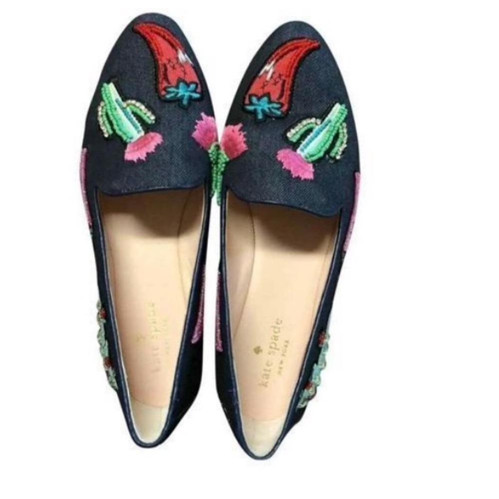 Kate Spade Women’s Size 7.5 Loafers Blue Denim Embroidered Cactus Chili Shoes